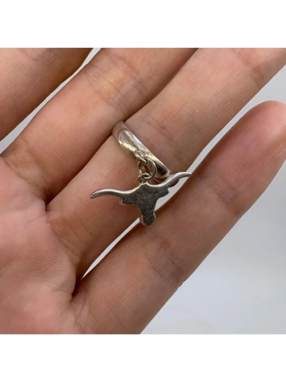 Dangling Longhorn Bull Charm Ring Sterling Silver 925 Size 6.5